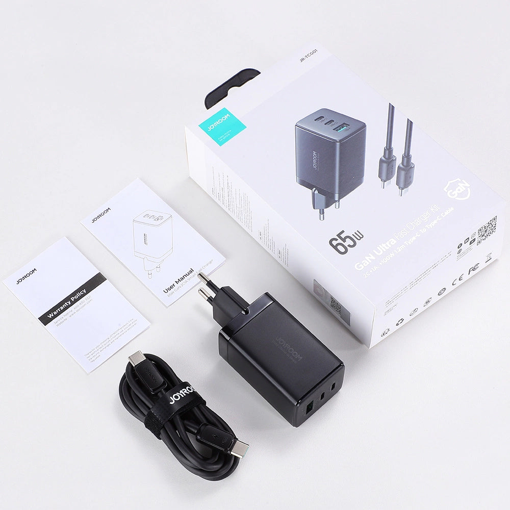 Incarcator Retea Cu Cablu USB-C Joyroom TCG01, 65W, 3.25A, 1 x USB-A - 2 x USB-C, Negru