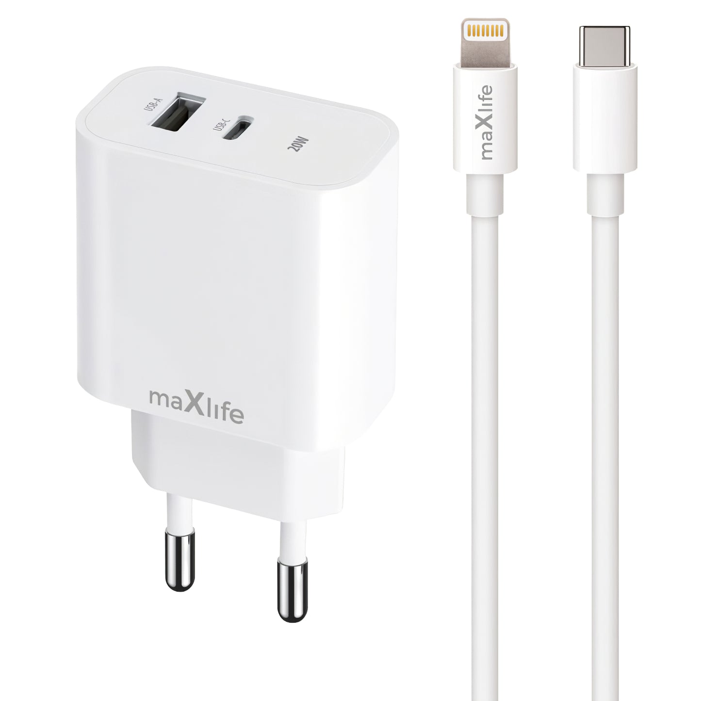 Incarcator Retea Cu Cablu Lightning MaXlife MXTC-06-20AC, 20W, 3A, 1 x USB-A - 1 x USB-C, Alb