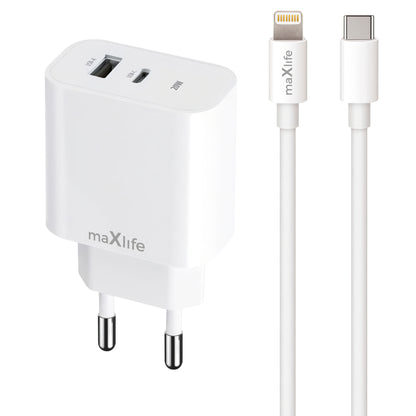 Incarcator Retea Cu Cablu Lightning MaXlife MXTC-06-20AC, 20W, 3A, 1 x USB-A - 1 x USB-C, Alb