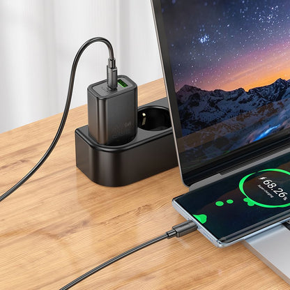 Incarcator Retea Cu Cablu USB-C HOCO N63, 30W, 3A, 1 x USB-A - 1 x USB-C, Negru