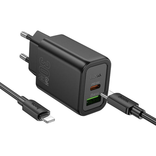 Incarcator Retea Cu Cablu Lightning HOCO N63, 30W, 3A, 1 x USB-A - 1 x USB-C, Negru
