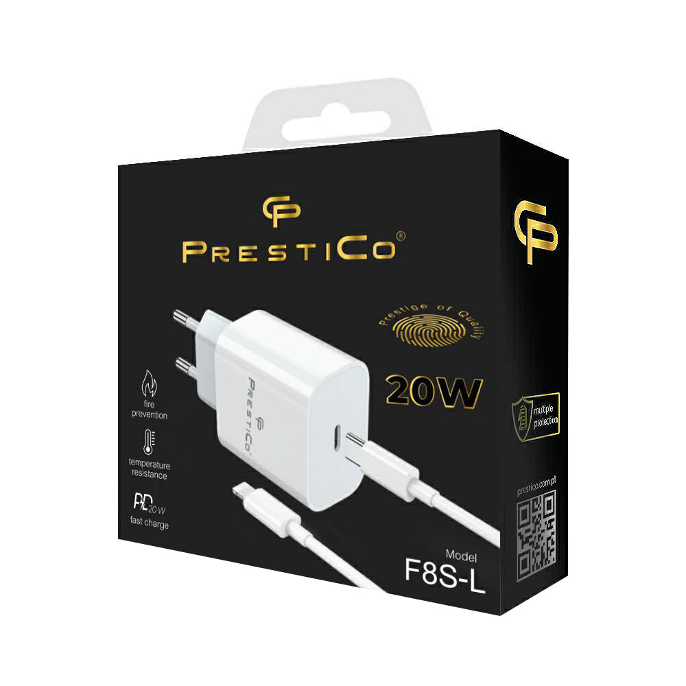 Incarcator Retea Cu Cablu Lightning Prestico F8S, 20W, 3A, 1 x USB-C, Alb