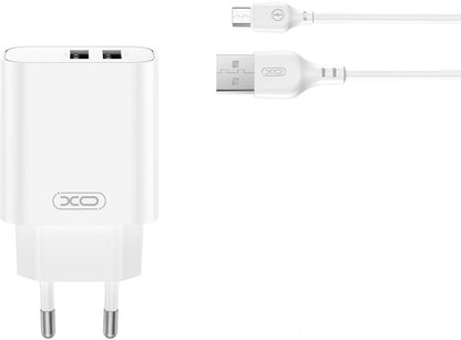 Incarcator Retea Cu Cablu microUSB XO Design CE34, 12W, 2.4A, 2 x USB-A, Alb