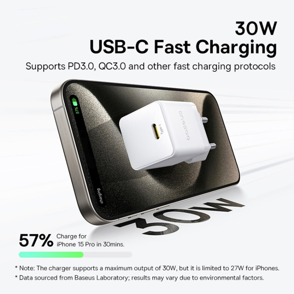 Incarcator Retea Cu Cablu USB-C Baseus Palm, 30W, 3A, 1 x USB-C, Alb P10111605213-01