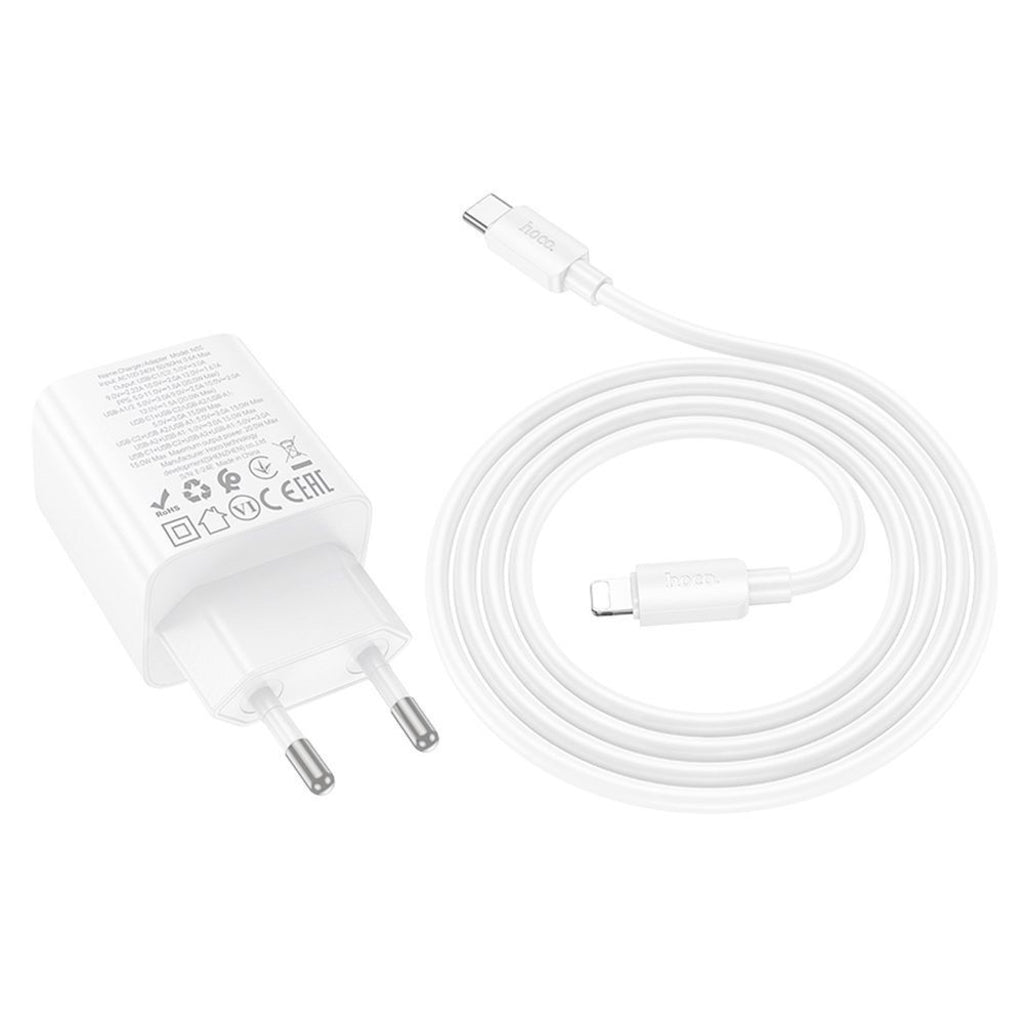 Incarcator Retea Cu Cablu Lightning HOCO N56, 30W, 3A, 2 x USB-A - 2 x USB-C, Alb