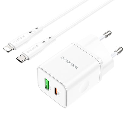 Incarcator Retea Cu Cablu Lightning Borofone BN7, 20W, 3A, 1 x USB-A - 1 x USB-C, Alb