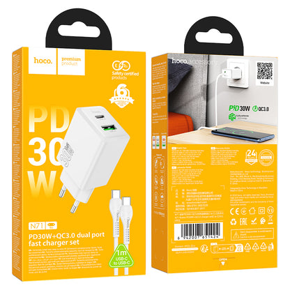 Incarcator Retea Cu Cablu USB-C HOCO N71, 30W, 3A, 1 x USB-A - 1 x USB-C, Alb