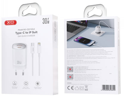 Incarcator Retea Cu Cablu Lightning XO Design CE21, 30W, 3A, 1 x USB-A - 1 x USB-C, Alb