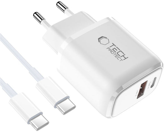 Incarcator Retea Cu Cablu USB-C Tech-Protect NCA45W, 45W, 3A, 1 x USB-A - 1 x USB-C, Alb
