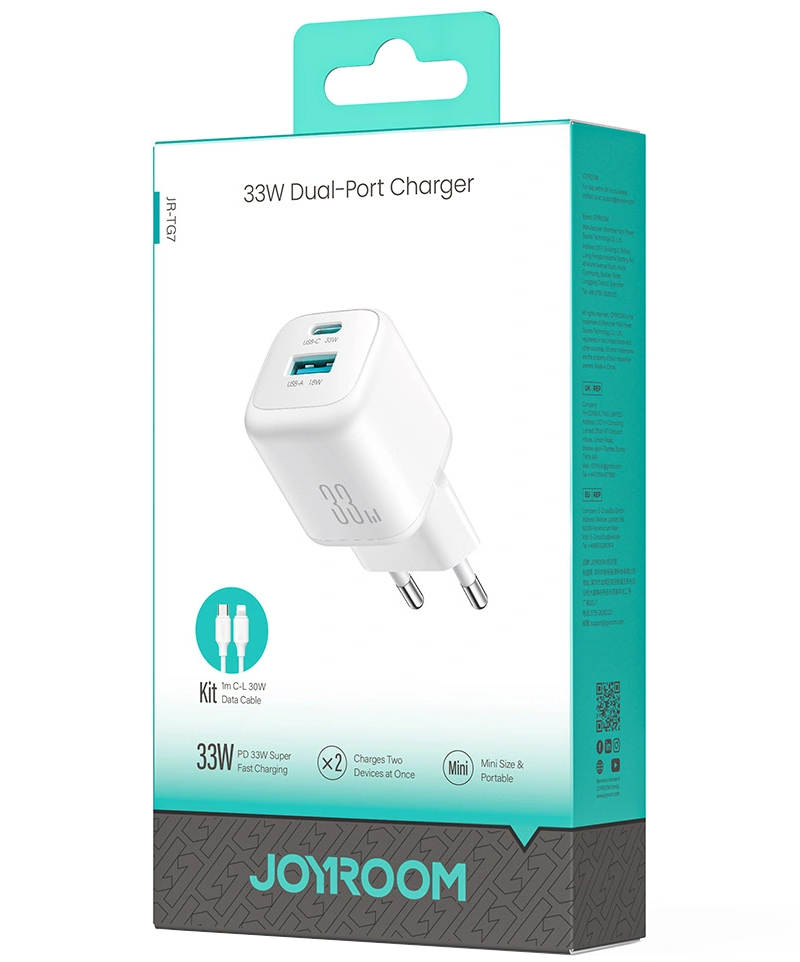 Incarcator Retea Cu Cablu Lightning Joyroom JR-TG7, 33W, 3A, 1 x USB-A - 1 x USB-C, Alb
