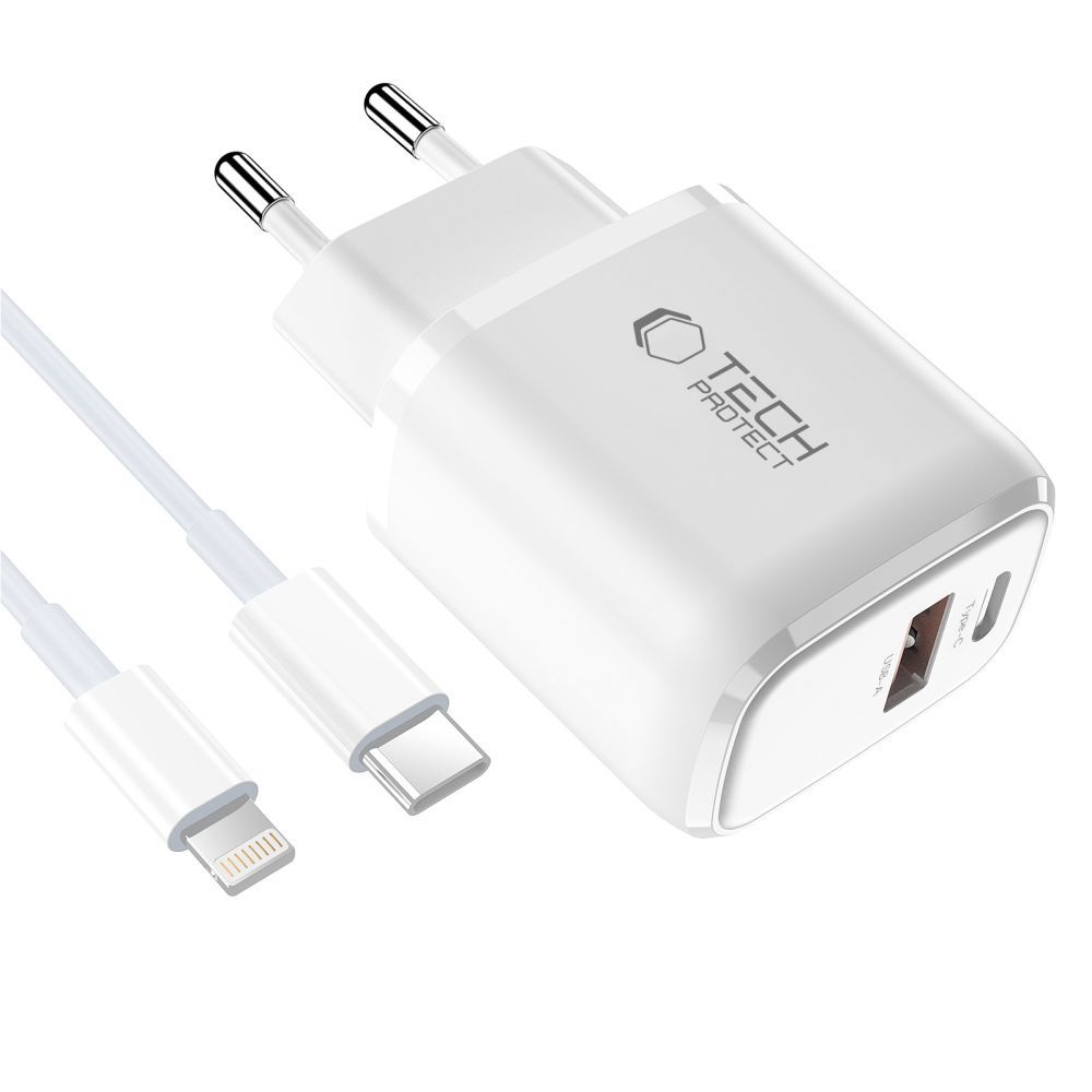 Incarcator Retea Cu Cablu Lightning Tech-Protect NCA20, 20W, 3A, 1 x USB-A - 1 x USB-C, Alb
