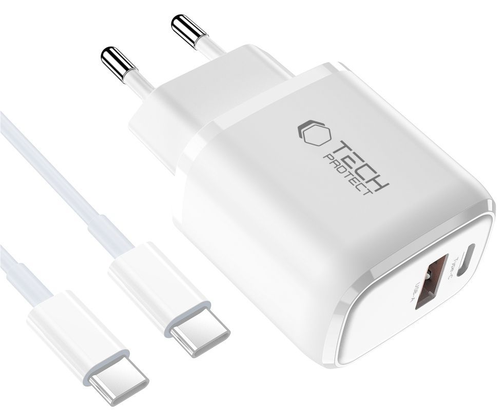 Incarcator Retea Cu Cablu USB-C Tech-Protect NCA20, 20W, 3A, 1 x USB-A - 1 x USB-C, Alb