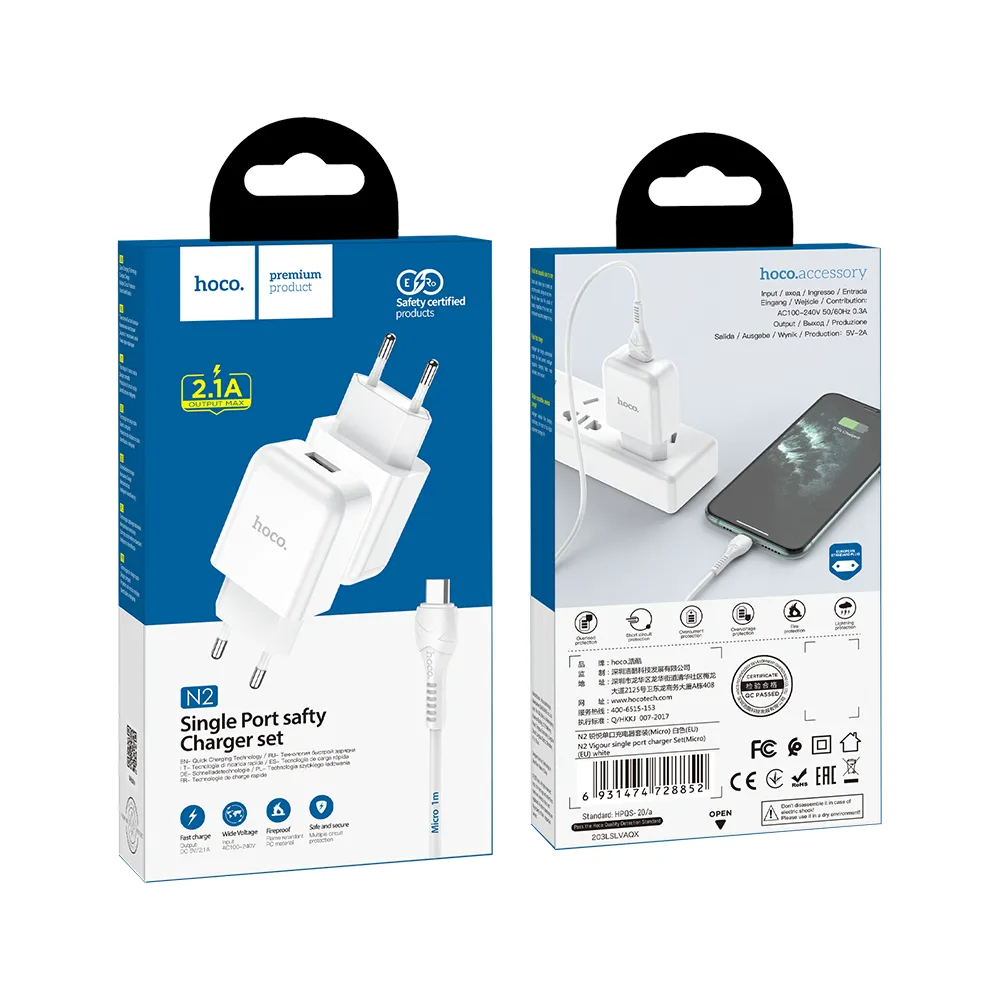 Incarcator Retea cu Cablu microUSB HOCO N3, 18W, 3A, 1 x USB-A, Alb