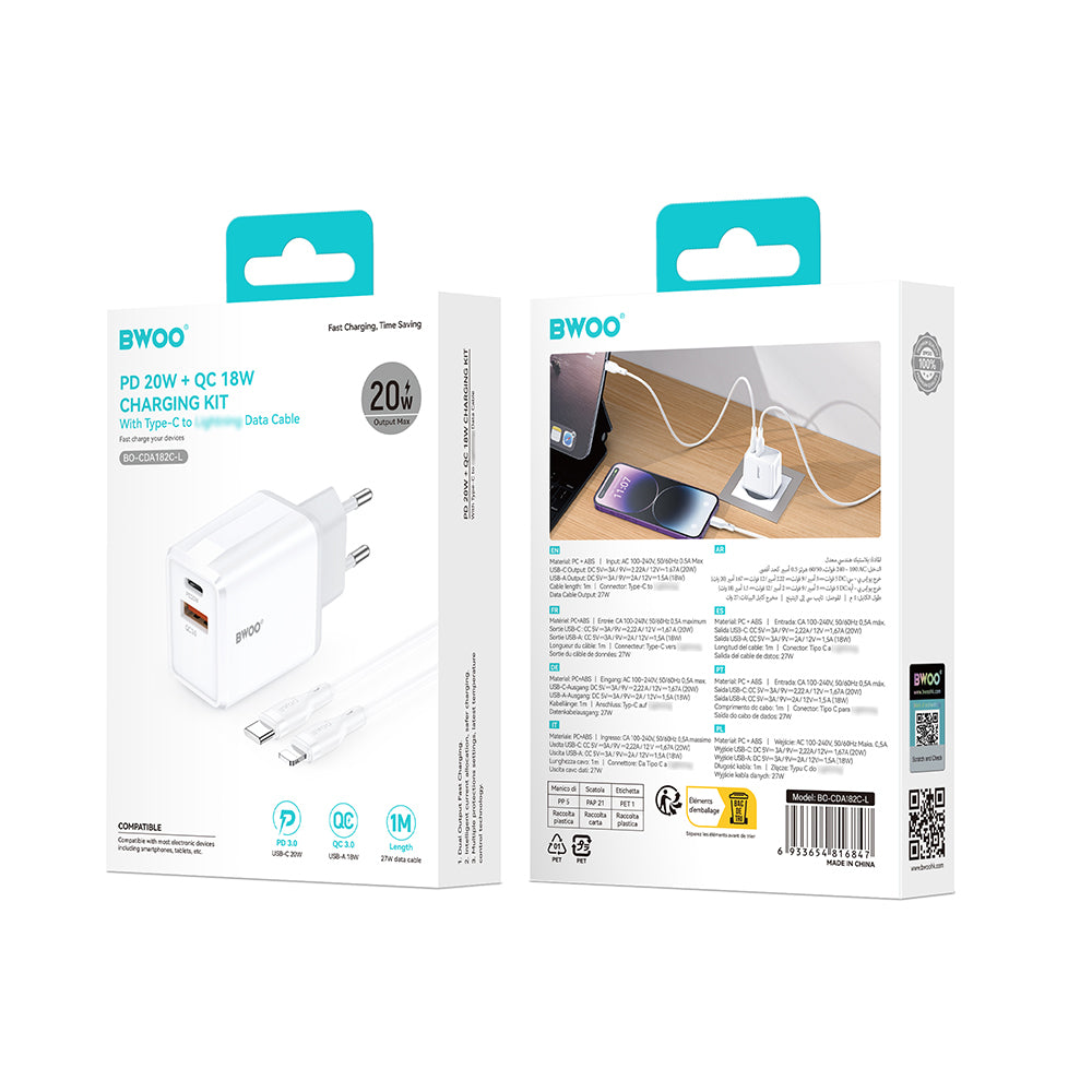 Incarcator Retea Cu Cablu Lightning BWOO CDA182, 38W, 3A, 1 x USB-A - 1 x USB-C, Alb