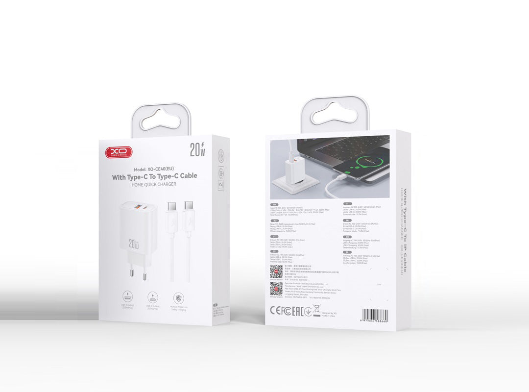 Incarcator Retea Cu Cablu USB-C XO Design CE40, 20W, 3A, 1 x USB-A - 1 x USB-C, Alb