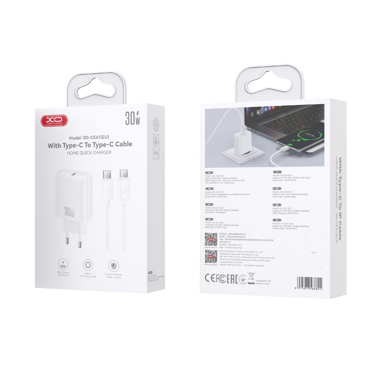 Incarcator Retea Cu Cablu USB-C XO Design CE41, 30W, 3A, 1 x USB-C, Alb