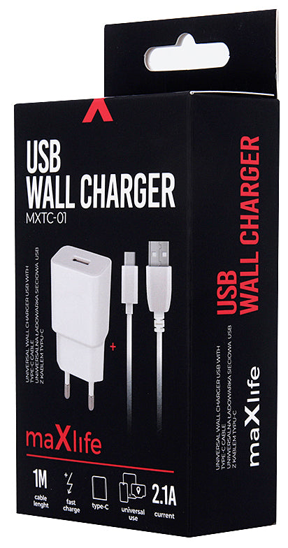 Incarcator Retea Cu Cablu USB-C MaXlife MXTC-01, 10.5W, 2.1A, 1 x USB-A, Alb