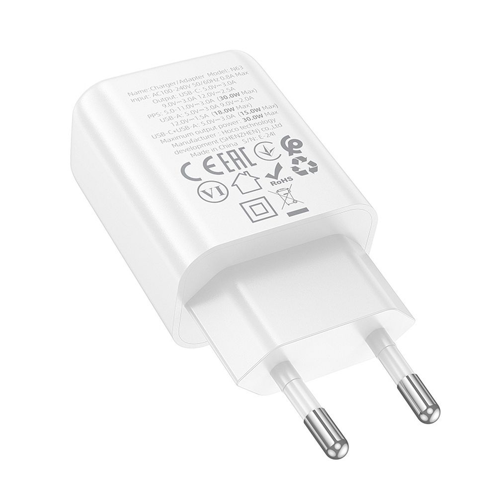 Incarcator Retea HOCO N63, 30W, 3A, 1 x USB-A - 1 x USB-C, Alb