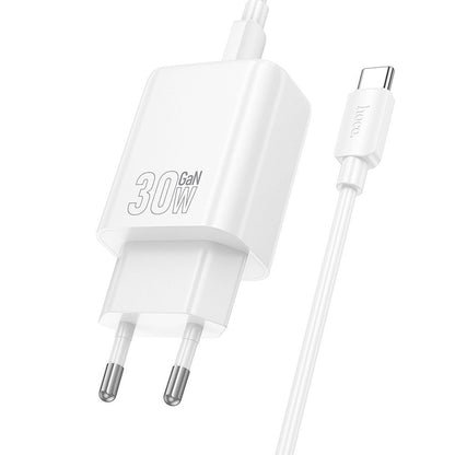 Incarcator Retea Cu Cablu USB-C HOCO N63, 30W, 3A, 1 x USB-A - 1 x USB-C, Alb