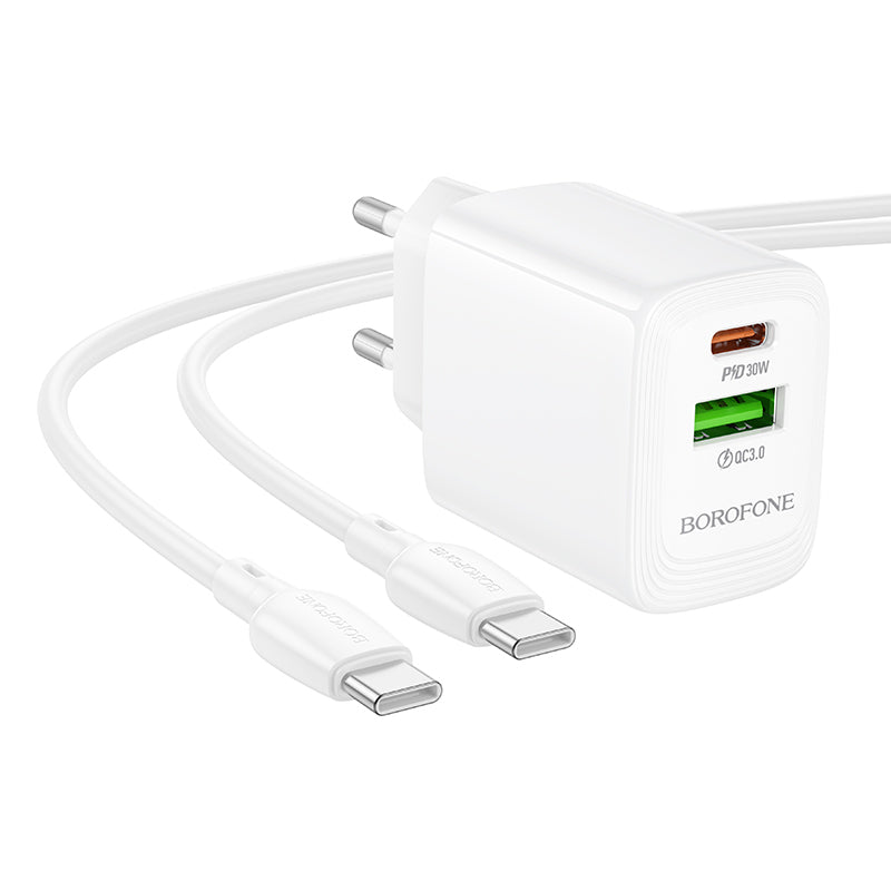 Incarcator Retea Cu Cablu USB-C Borofone BN29 Fuente, 30W, 3A, 1 x USB-A - 1 x USB-C, Alb