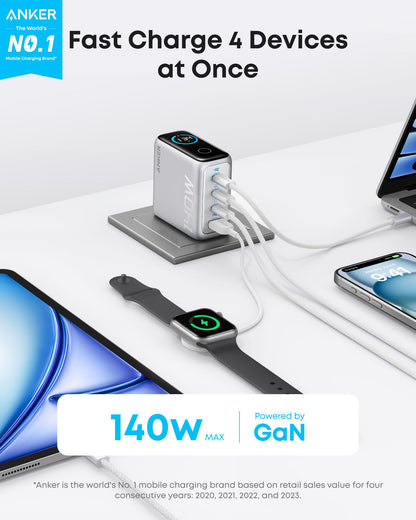 Incarcator Retea Cu Cablu USB-C Anker Zolo, 140W, 5A, 1 x USB-A - 3 x USB-C, Argintiu B2697G41