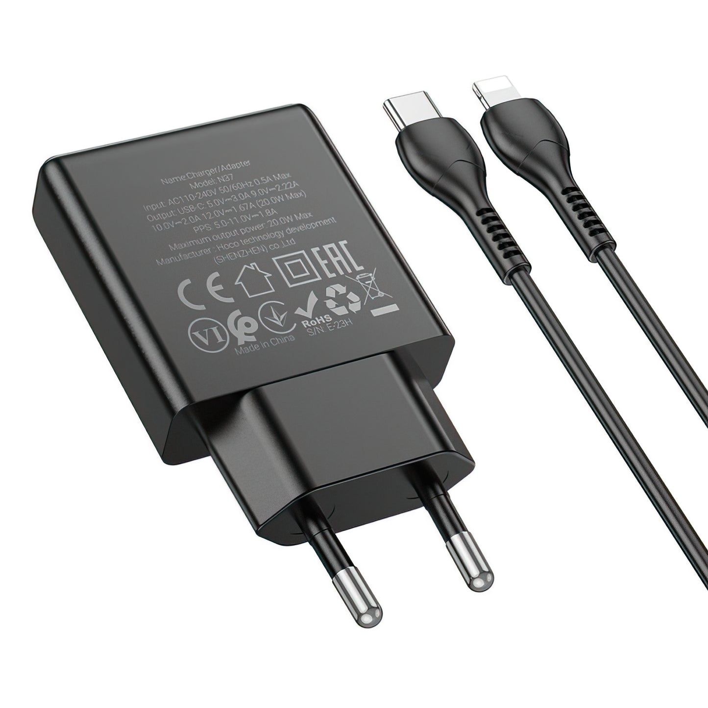 Incarcator Retea Cu Cablu Lightning HOCO N37, 30W, 3A, 1 x USB-C, Negru