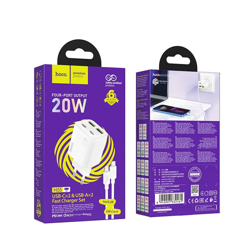 Incarcator Retea Cu Cablu Lightning HOCO N55, 20W, 3A, 2 x USB-A - 2 x USB-C, Alb