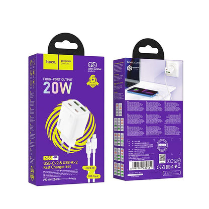 Incarcator Retea Cu Cablu Lightning HOCO N55, 20W, 3A, 2 x USB-A - 2 x USB-C, Alb