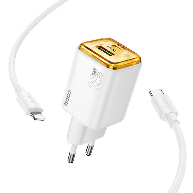 Incarcator Retea Cu Cablu USB-C HOCO N52, 20W, 3A, 1 x USB-A - 1 x USB-C, Alb