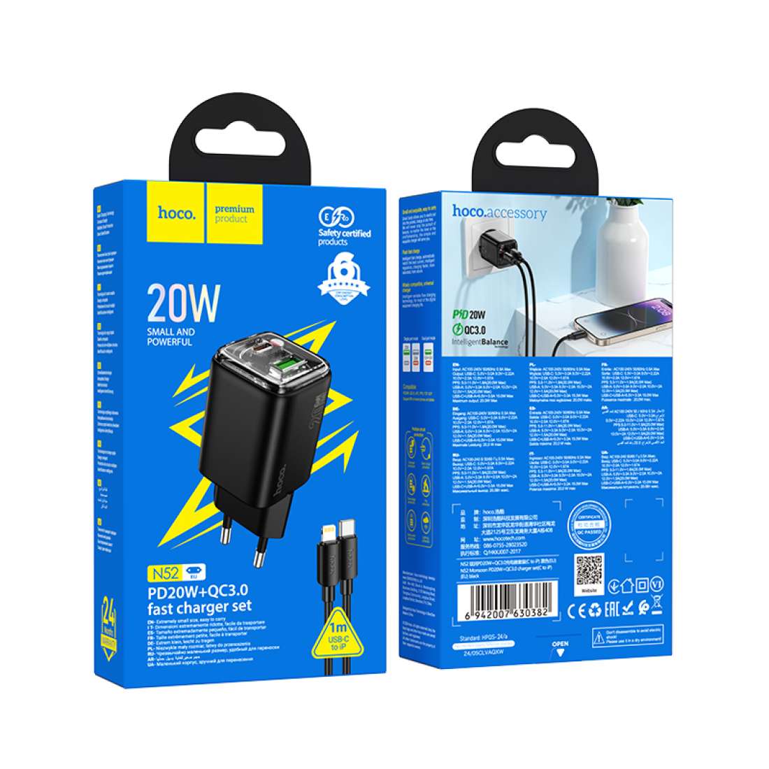 Incarcator Retea Cu Cablu Lightning HOCO N52, 20W, 3A, 1 x USB-A - 1 x USB-C, Negru
