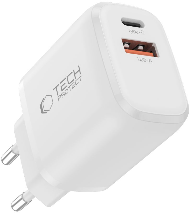 Incarcator Retea Cu Cablu USB-C Tech-Protect NCA20, 20W, 3A, 1 x USB-A - 1 x USB-C, Alb