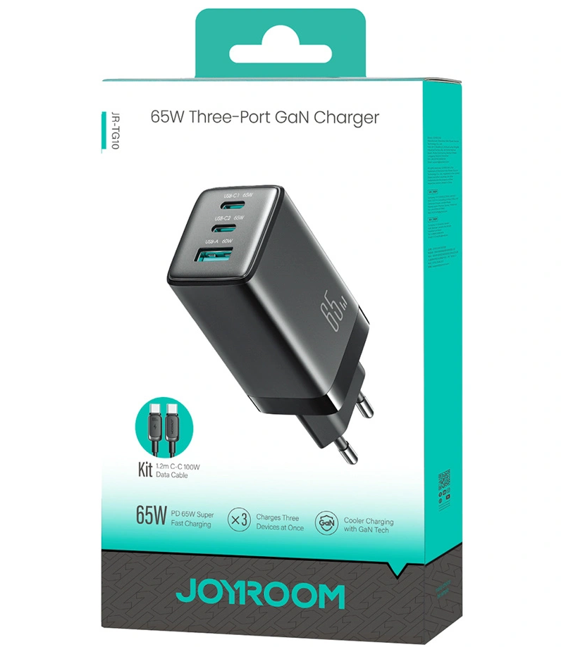 Incarcator Retea Cu Cablu USB-C Joyroom JR-TG10, 65W, 3.25A, 1 x USB-A - 2 x USB-C, Negru