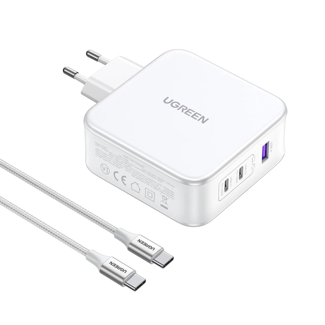 Incarcator Retea Cu Cablu USB-C UGREEN CD289, 140W, 5A, 1 x USB-A - 2 x USB-C, Alb