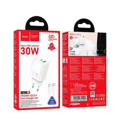 Incarcator Retea Cu Cablu USB-C HOCO N63, 30W, 3A, 1 x USB-A - 1 x USB-C, Alb