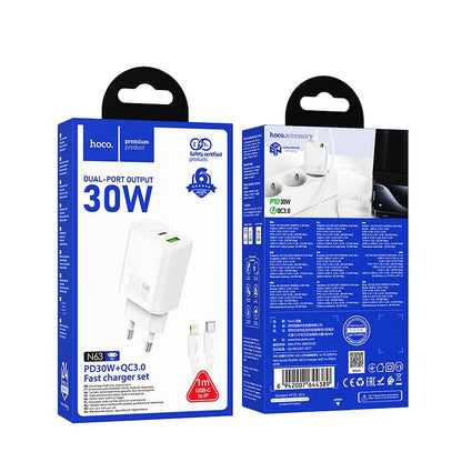 Incarcator Retea Cu Cablu Lightning HOCO N63, 30W, 3A, 1 x USB-A - 1 x USB-C, Alb