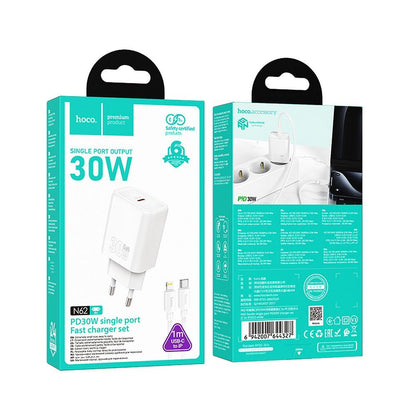 Incarcator Retea Cu Cablu Lightning HOCO N62, 30W, 3A, 1 x USB-C, Alb