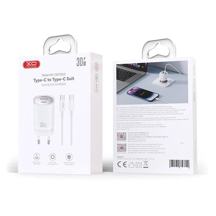 Incarcator Retea Cu Cablu USB-C XO Design CE21, 30W, 3A, 1 x USB-A - 1 x USB-C, Alb