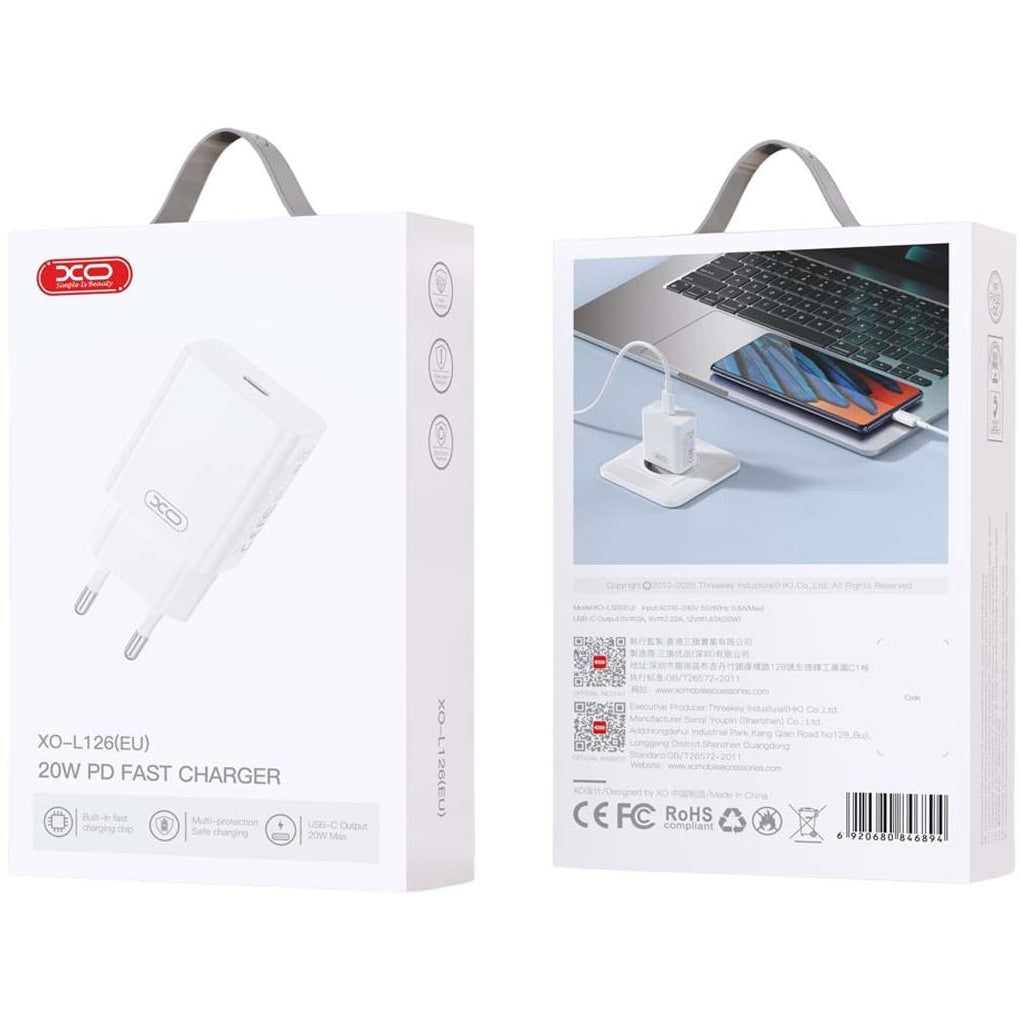 Incarcator Retea Cu Cablu USB-C XO Design L126, 20W, 3A, 1 x USB-C, Alb