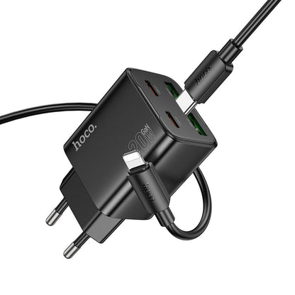 Incarcator Retea Cu Cablu Lightning HOCO N55, 20W, 3A, 2 x USB-A - 2 x USB-C, Negru