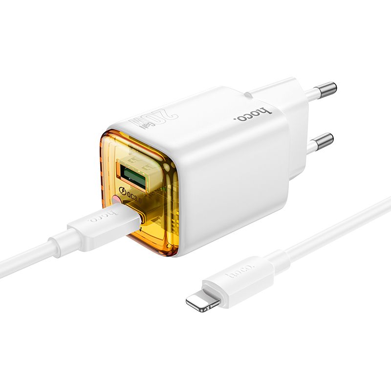 Incarcator Retea Cu Cablu USB-C HOCO N52, 20W, 3A, 1 x USB-A - 1 x USB-C, Alb