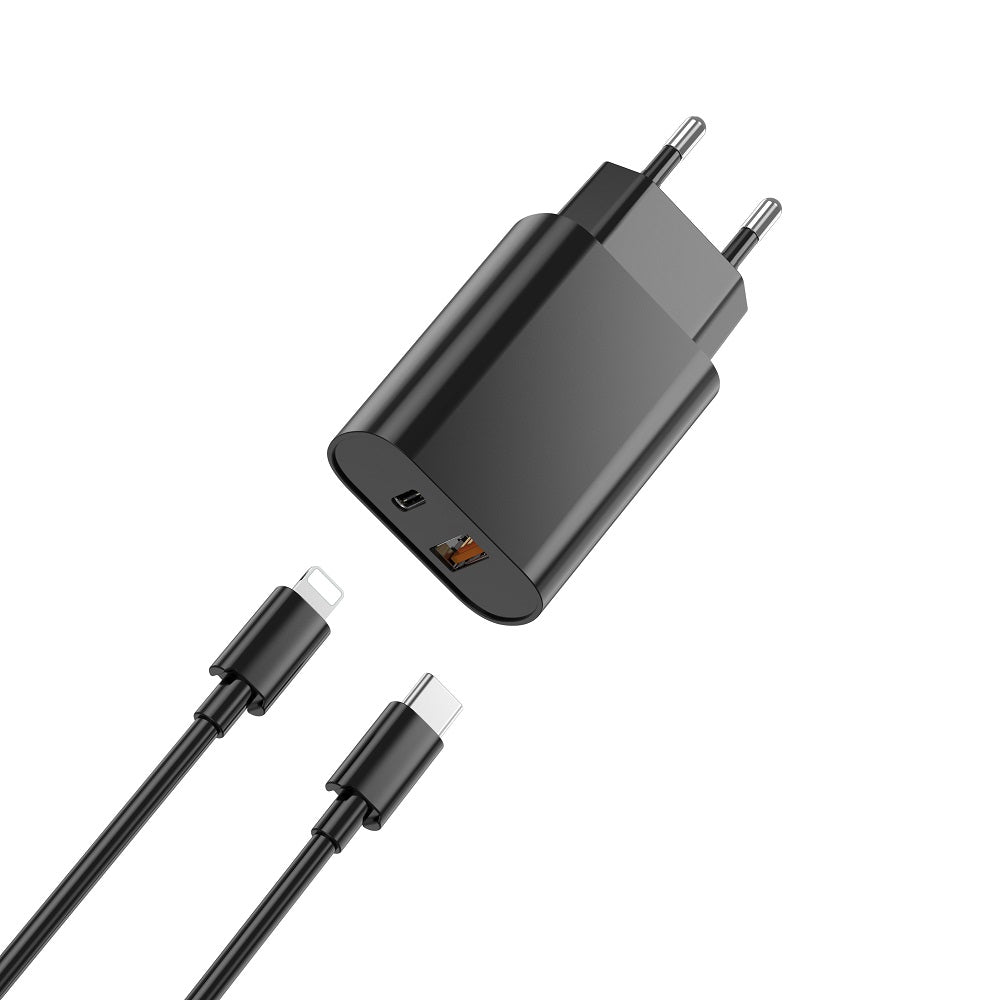 Incarcator Retea Cu Cablu Lightning WiWu Wi-U002, 20W, 3A, 1 x USB-A - 1 x USB-C, Negru