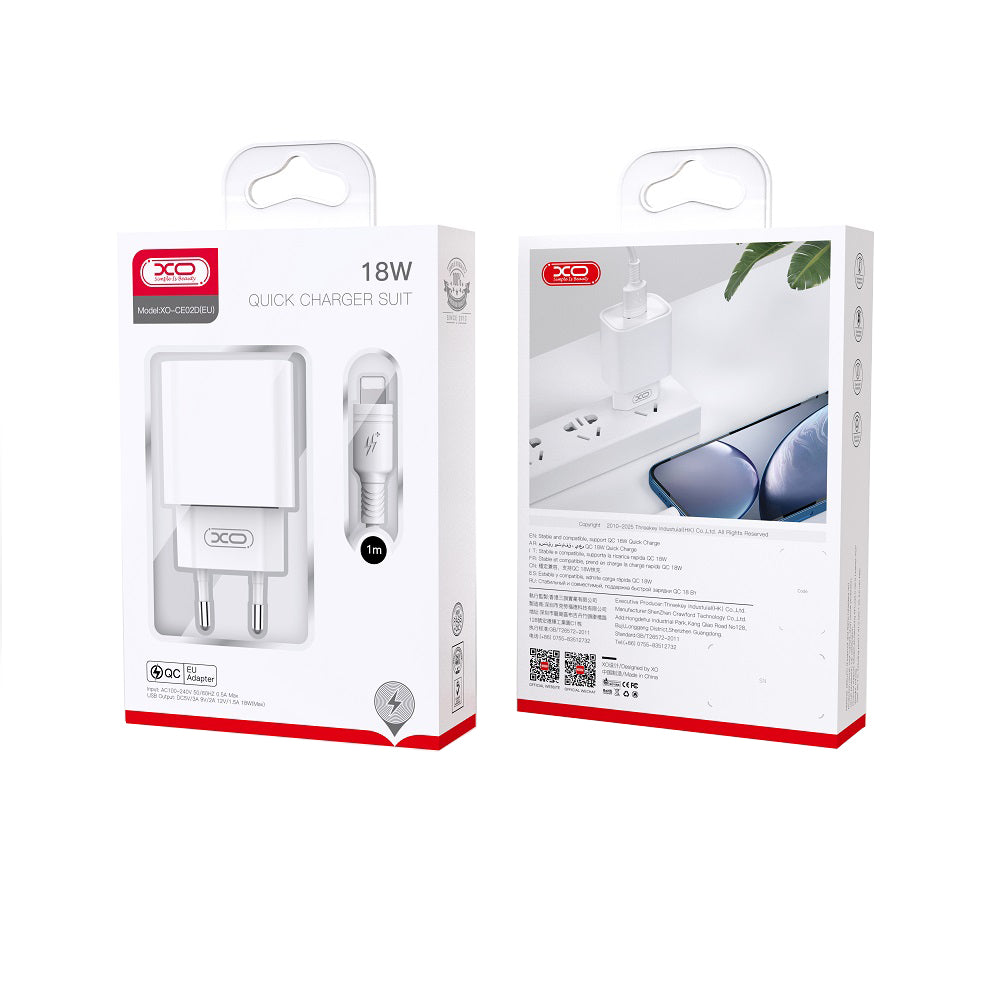 Incarcator Retea Cu Cablu Lightning XO Design CE02D, 18W, 3A, 1 x USB-A, Alb