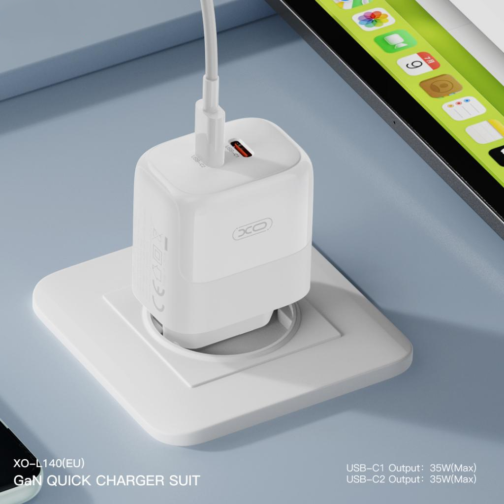 Incarcator Retea Cu Cablu Lightning XO Design L140, 35W, 3A, 2 x USB-C, Alb