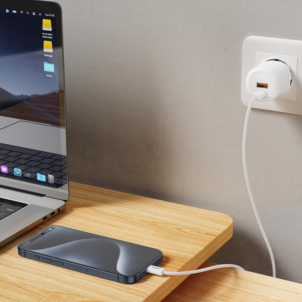 Incarcator Retea Cu Cablu Lightning XO Design L151, 30W, 3A, 1 x USB-A - 1 x USB-C, Alb