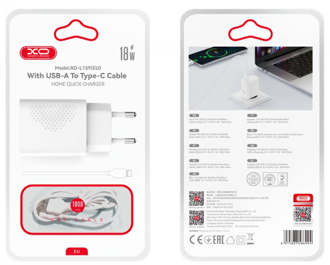 Incarcator Retea Cu Cablu USB-C XO Design L159, 18W, 3A, 1 x USB-A, Alb