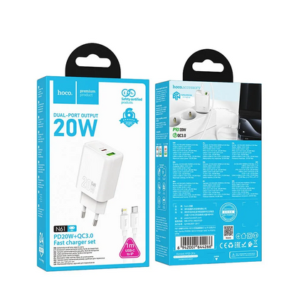 Incarcator Retea Cu Cablu Lightning HOCO N61, 20W, 3A, 1 x USB-A - 1 x USB-C, Alb
