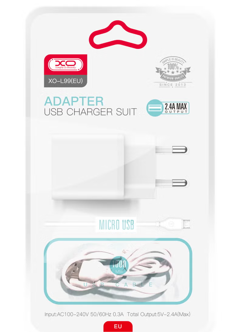 Incarcator Retea Cu Cablu microUSB XO Design L99, 12W, 2.4A, 1 x USB-A, Alb