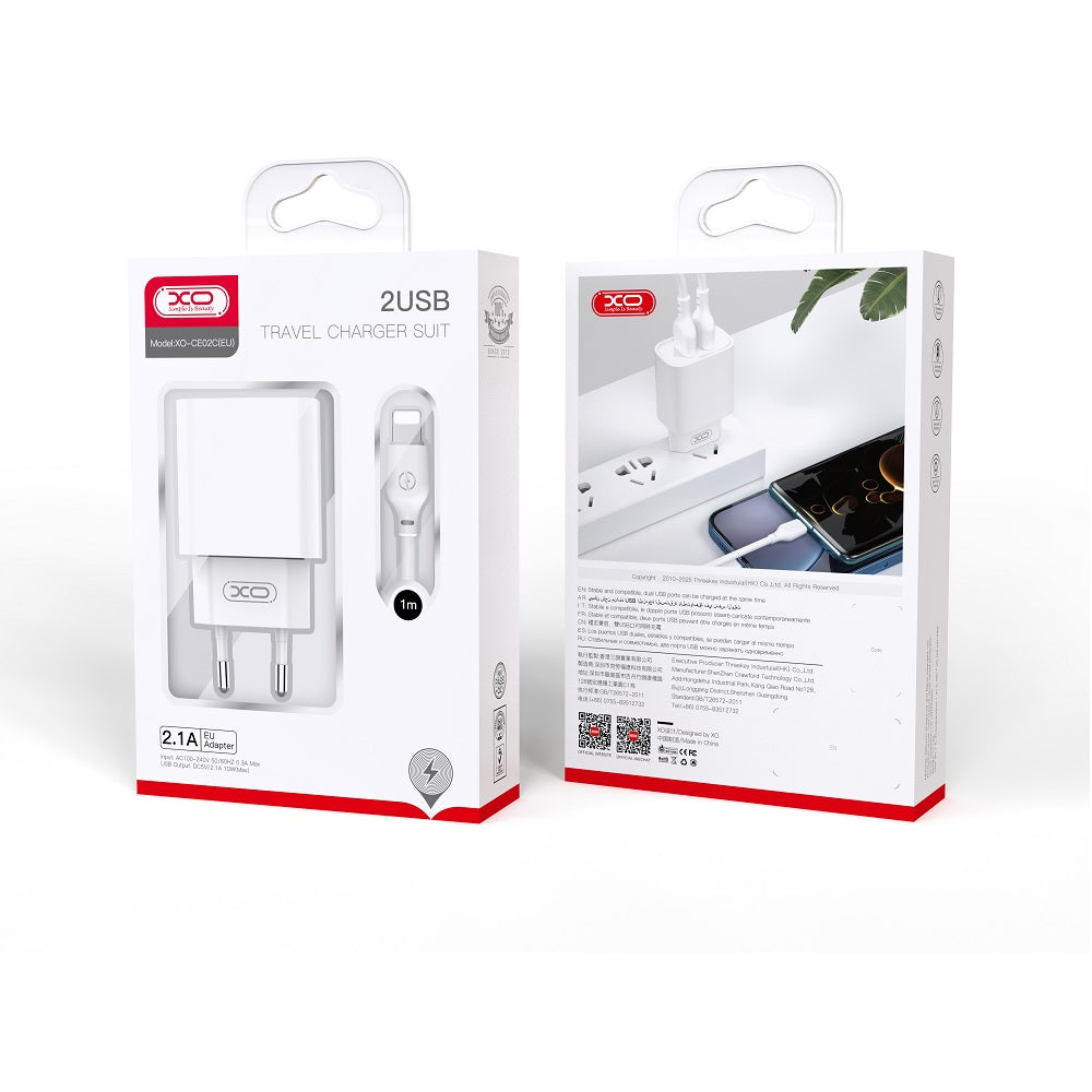 Incarcator Retea Cu Cablu USB-C XO Design BPCE02C, 10.5W, 2.1A, 2 x USB-A, Alb