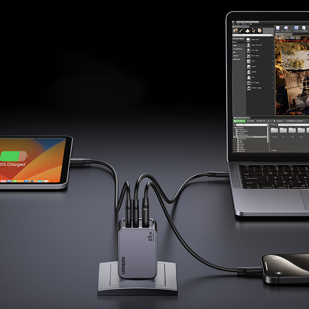 Incarcator Retea Cu Cablu USB-C UGREEN X755 Nexode Pro, 65W, 3A, 1 x USB-A - 2 x USB-C, Gri