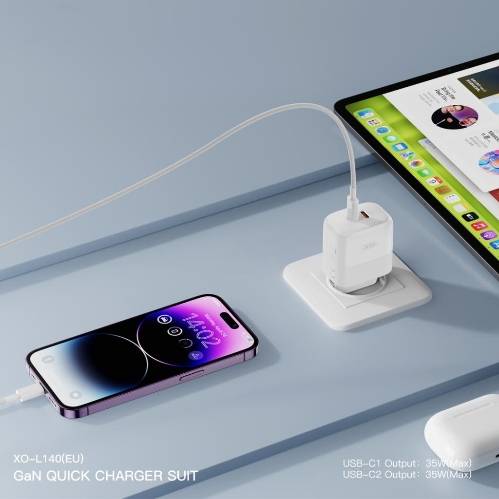 Incarcator Retea Cu Cablu USB-C XO Design L140, 35W, 3A, 2 x USB-C, Alb